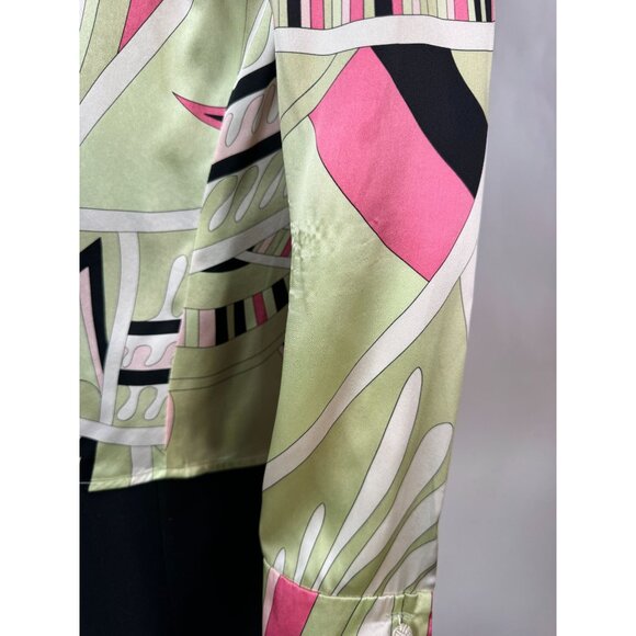 Silk Patterned Blouse By Kasper Size 6 - Green & Pink Design French Cuff Blemish - Picture 11 of 16
